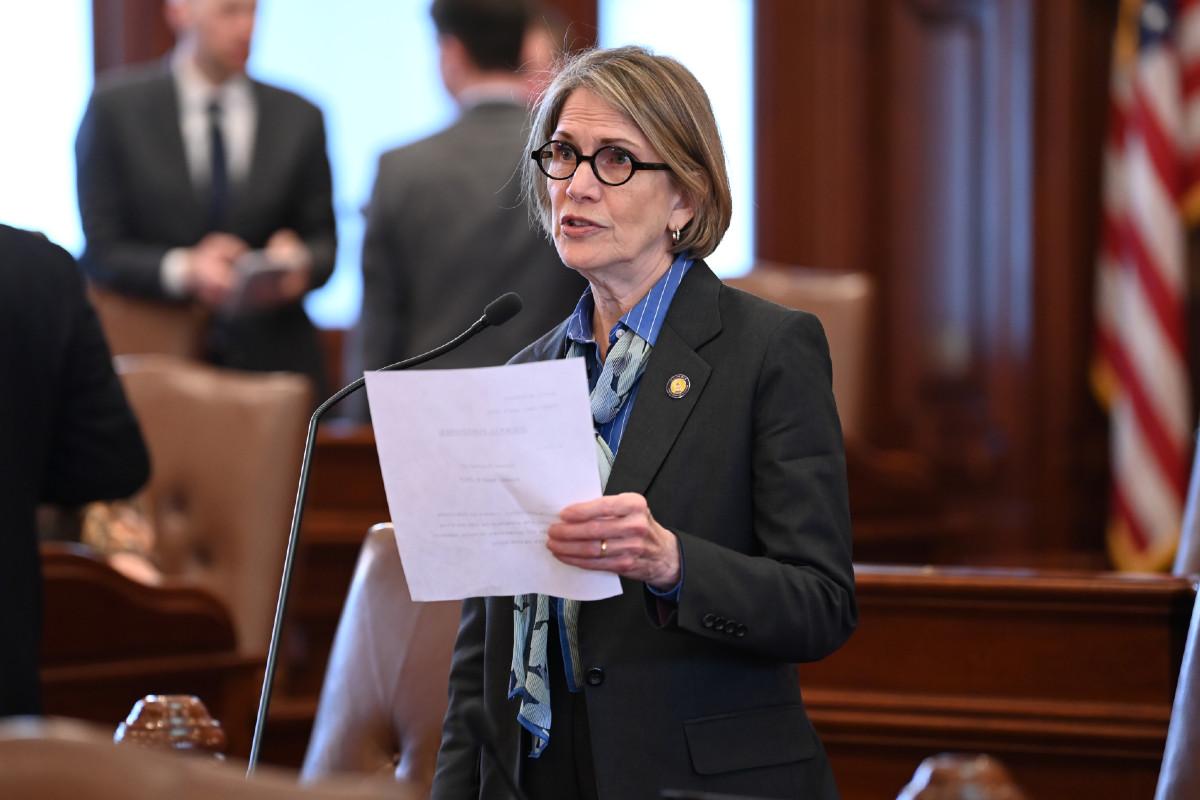 Senator Glowiak Hilton holds a piece of paper and speaks into a microphone while in the Senate chamber.